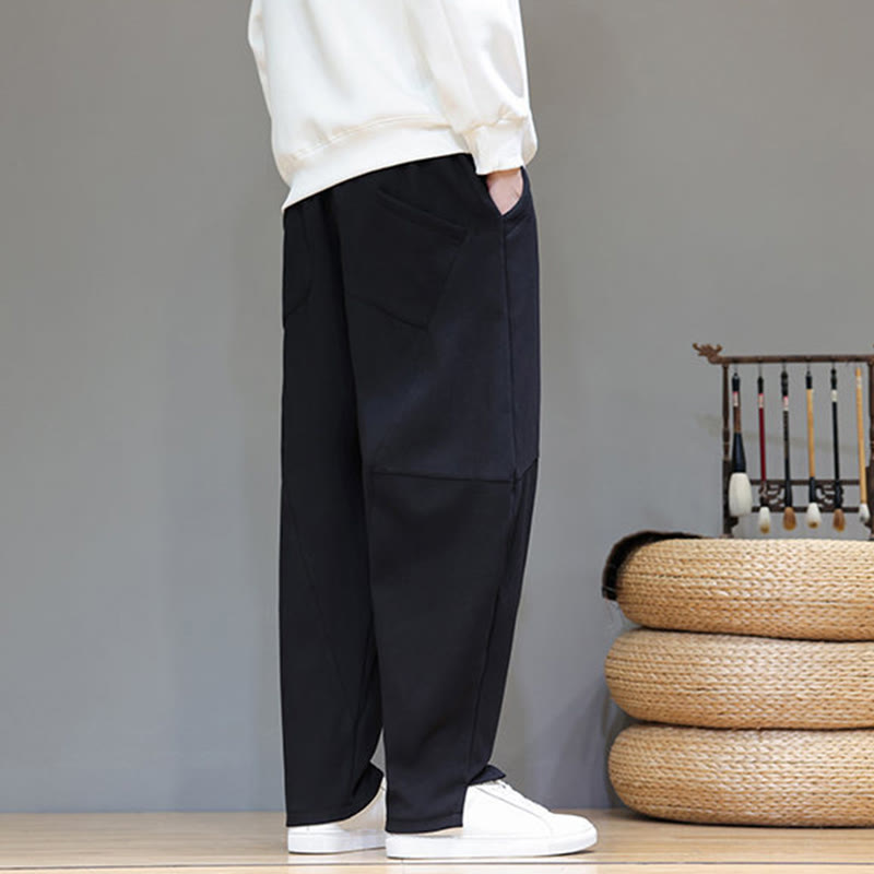 Buddha Stones Winter Solid Color Fleece-lined Men's Cotton Linen Pants With Pockets - image 15