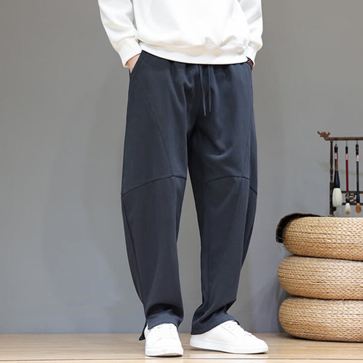 Buddha Stones Winter Solid Color Fleece-lined Men's Cotton Linen Pants With Pockets - image 5