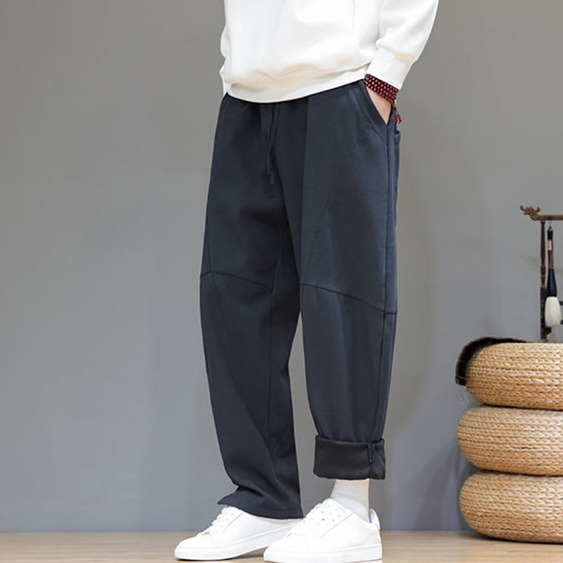 Buddha Stones Winter Solid Color Fleece-lined Men's Cotton Linen Pants With Pockets - image 7