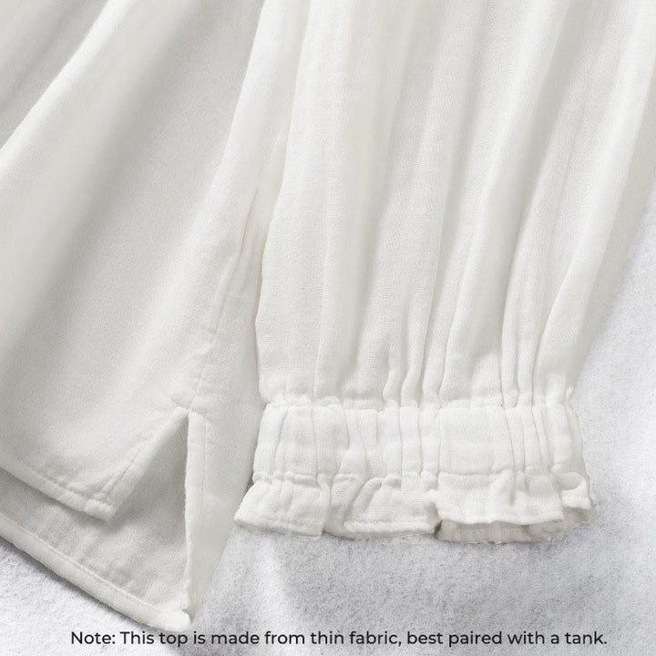 Buddha Stones White Ruffled Collar Long Sleeve Women's Cotton Shirt - image 6