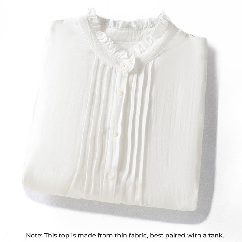 Buddha Stones White Ruffled Collar Long Sleeve Women's Cotton Shirt - image 2