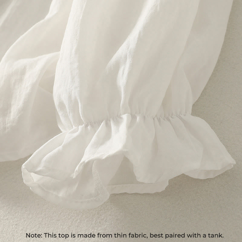 Buddha Stones White Buttons Ruffled Long Sleeve Women's Cotton Shirt - image 5