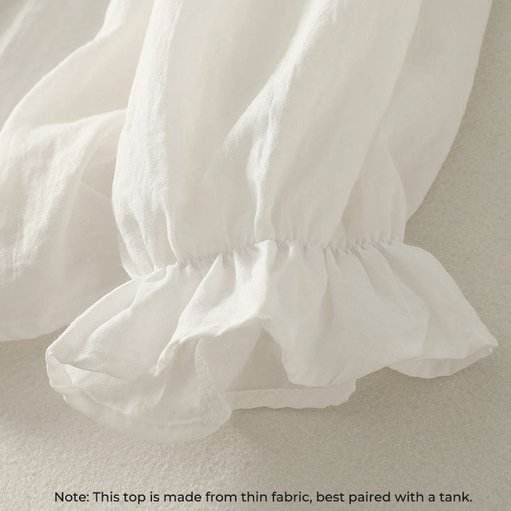 Buddha Stones White Buttons Ruffled Long Sleeve Women's Cotton Shirt - image 5