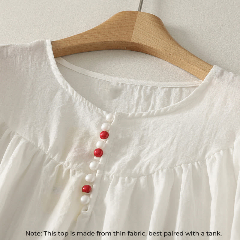 Buddha Stones White Buttons Ruffled Long Sleeve Women's Cotton Shirt - image 2