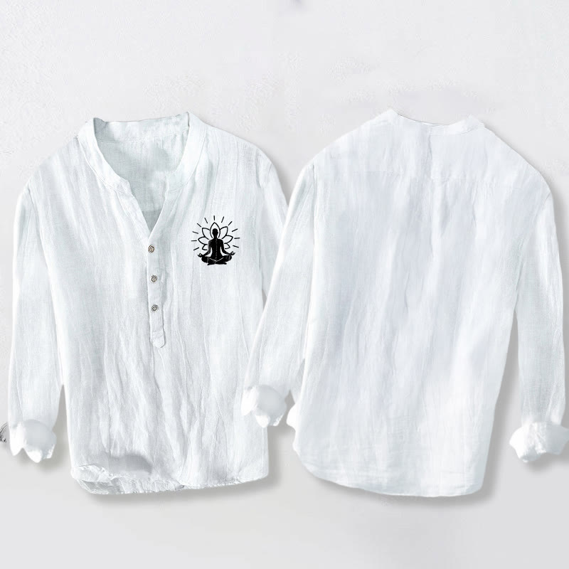 Buddha Stones Meditating Buddha Lotus Pattern Half Buttons Men's Cotton Linen Long Sleeve Shirt - image 8