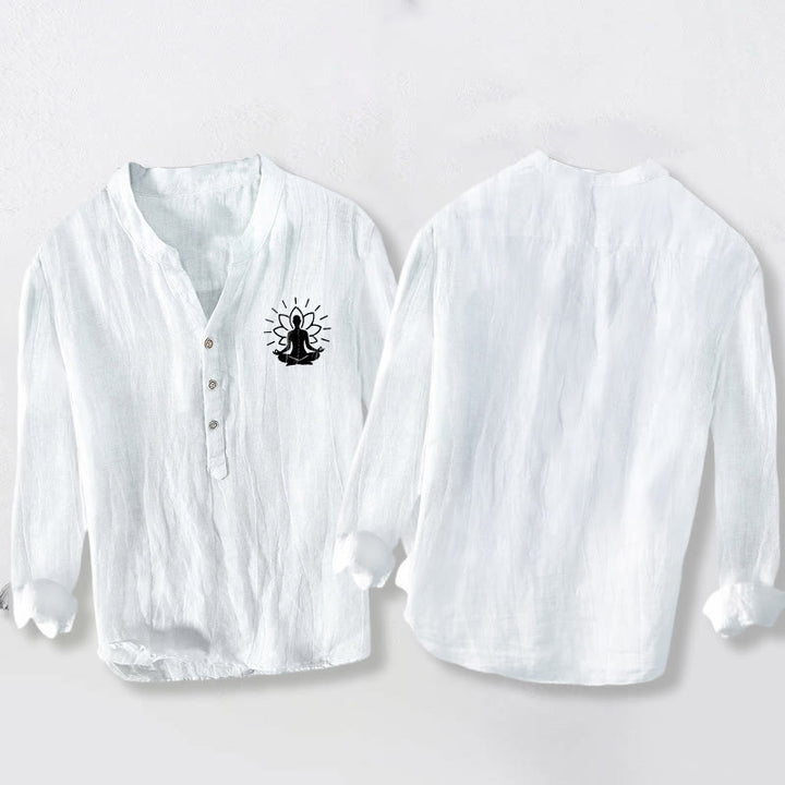 Buddha Stones Meditating Buddha Lotus Pattern Half Buttons Men's Cotton Linen Long Sleeve Shirt - image 8