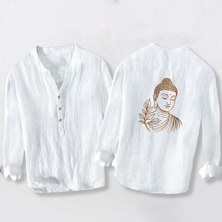 Buddha Stones Peaceful Buddha Leaves Pattern Half Buttons Men's Cotton Linen Long Sleeve Shirt - White - US/UK/AU50，EU60 (5XL) - image 0