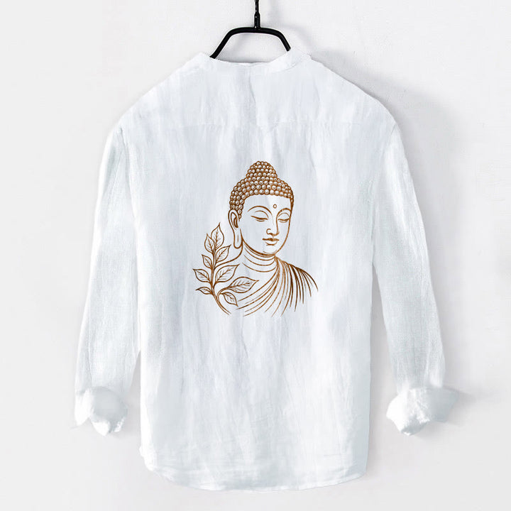Buddha Stones Peaceful Buddha Leaves Pattern Half Buttons Men's Cotton Linen Long Sleeve Shirt - image 2
