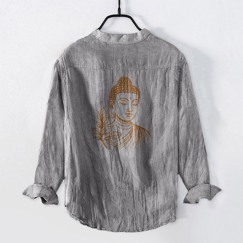Buddha Stones Peaceful Buddha Leaves Pattern Half Buttons Men's Cotton Linen Long Sleeve Shirt - image 5