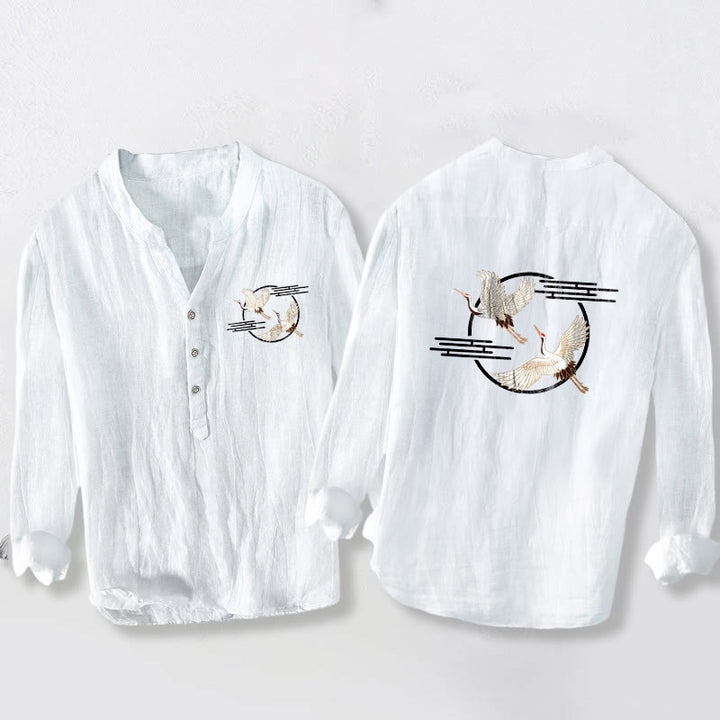 Buddha Stones Soaring White Crane Pattern Half Buttons Men's Cotton Linen Long Sleeve Shirt - White - US/UK/AU50，EU60 (5XL) - image 3