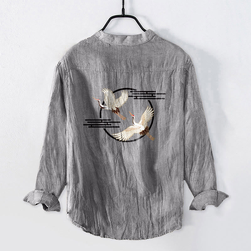 Buddha Stones Soaring White Crane Pattern Half Buttons Men's Cotton Linen Long Sleeve Shirt - image 2