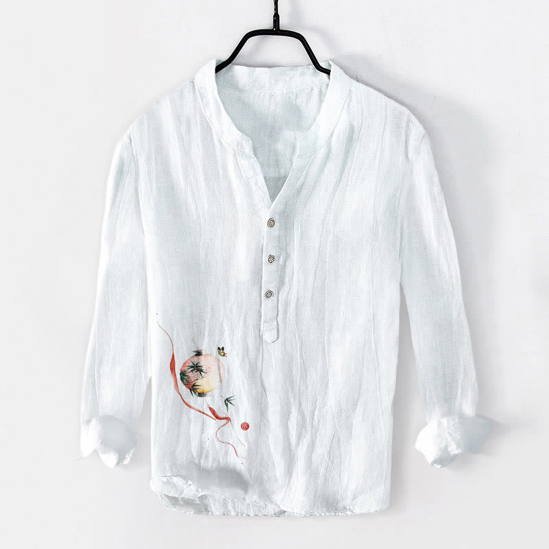 Buddha Stones Butterfly Bamboo Lantern Pattern Half Buttons Men's Cotton Linen Long Sleeve Shirt - White - US/UK/AU50，EU60 (5XL) - image 3