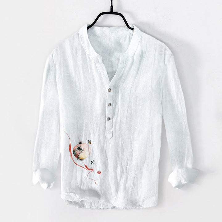 Buddha Stones Butterfly Bamboo Lantern Pattern Half Buttons Men's Cotton Linen Long Sleeve Shirt - White - US/UK/AU50，EU60 (5XL) - image 3