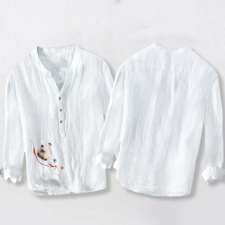 Buddha Stones Butterfly Bamboo Lantern Pattern Half Buttons Men's Cotton Linen Long Sleeve Shirt - image 5