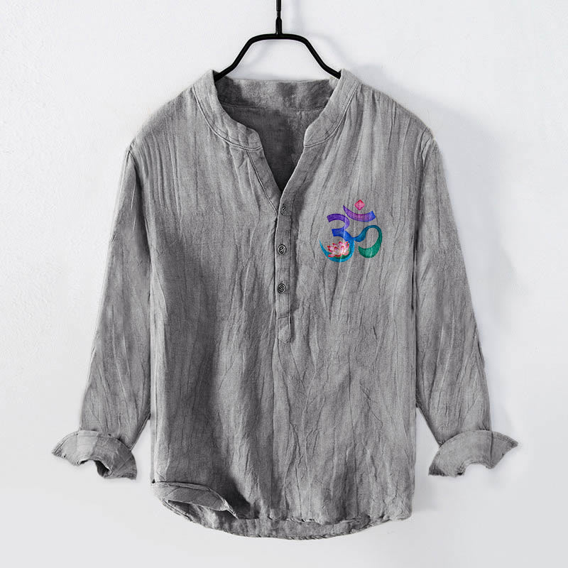 Buddha Stones Lotus OM Symbol Pattern Half Buttons Men's Cotton Linen Long Sleeve Shirt - image 1