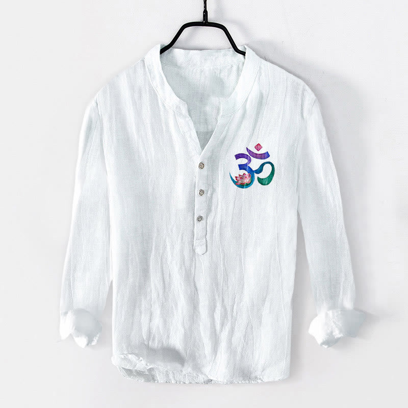 Buddha Stones Lotus OM Symbol Pattern Half Buttons Men's Cotton Linen Long Sleeve Shirt - image 8