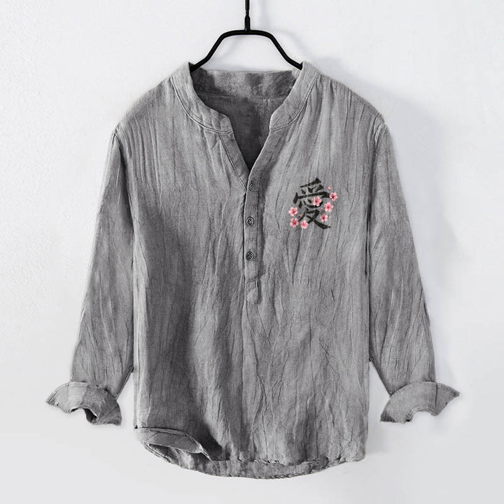 Buddha Stones Peach Blossom Love Character Pattern Half Buttons Men's Cotton Linen Long Sleeve Shirt - Gray - US/UK/AU50，EU60 (5XL) - image 3