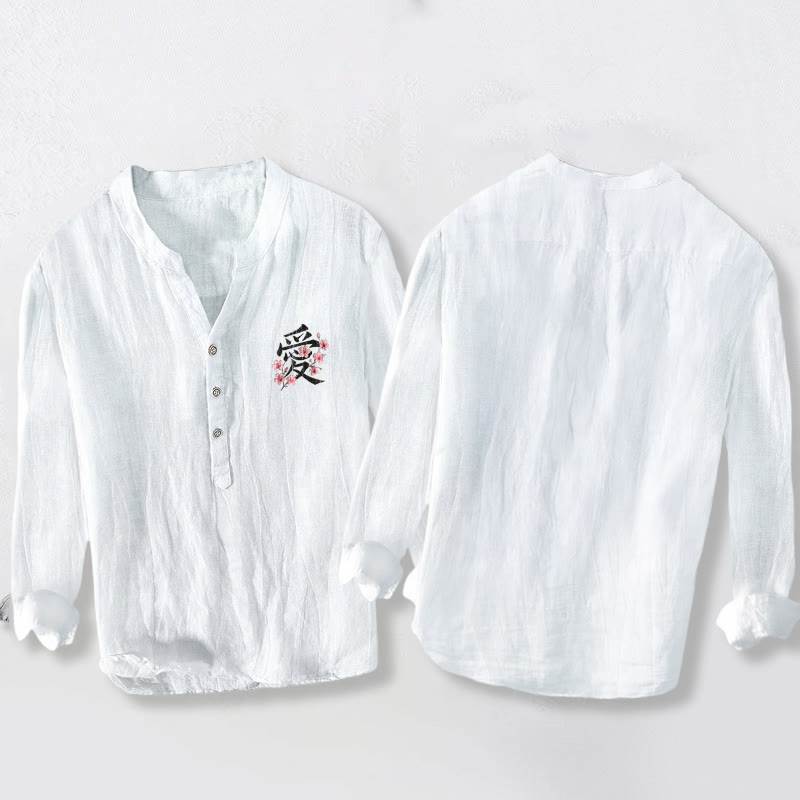 Buddha Stones Peach Blossom Love Character Pattern Half Buttons Men's Cotton Linen Long Sleeve Shirt - image 8