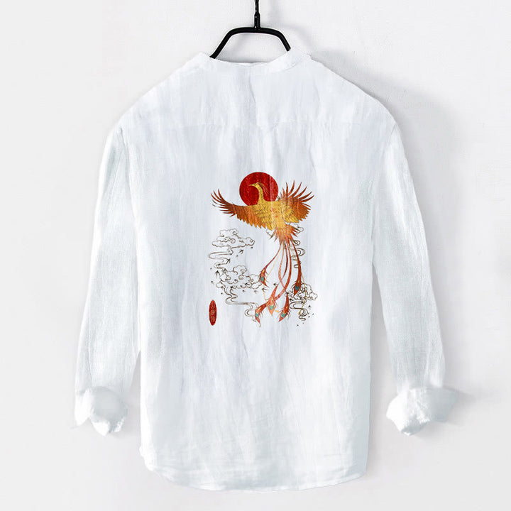 Buddha Stones Phoenix Clouds Red Sun Pattern Half Buttons Men's Cotton Linen Long Sleeve Shirt - image 5