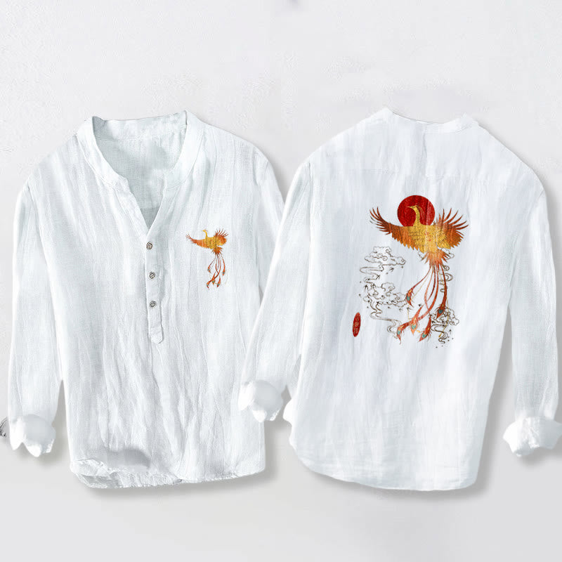 Buddha Stones Phoenix Clouds Red Sun Pattern Half Buttons Men's Cotton Linen Long Sleeve Shirt - White - US/UK/AU50，EU60 (5XL) - image 3