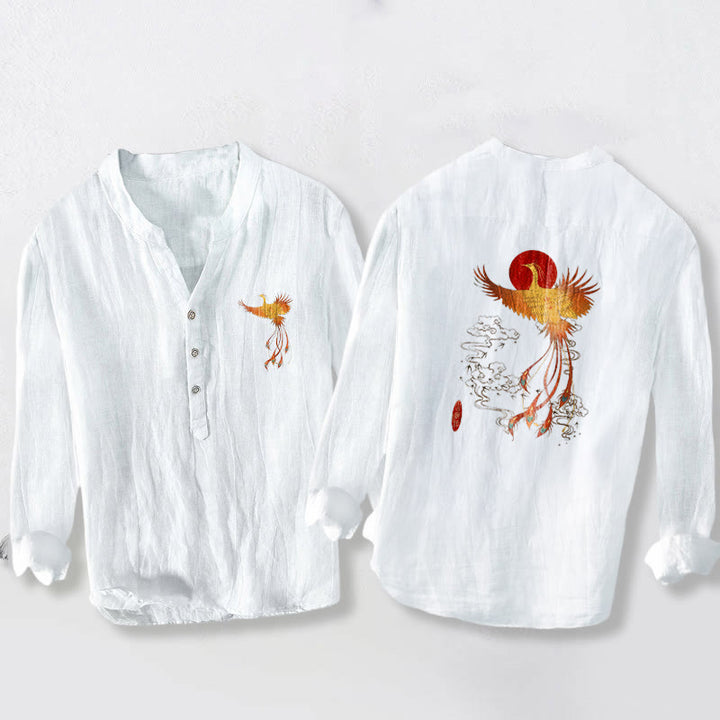 Buddha Stones Phoenix Clouds Red Sun Pattern Half Buttons Men's Cotton Linen Long Sleeve Shirt - White - US/UK/AU50，EU60 (5XL) - image 3