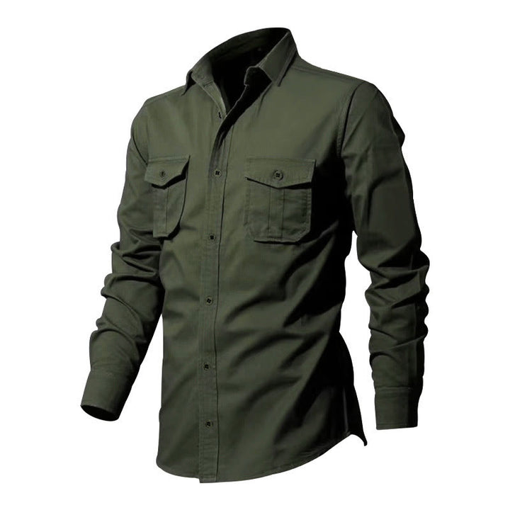 Buddha Stones Solid Color Men's Stand Collar Long Sleeve Shirt With Pockets - image 3
