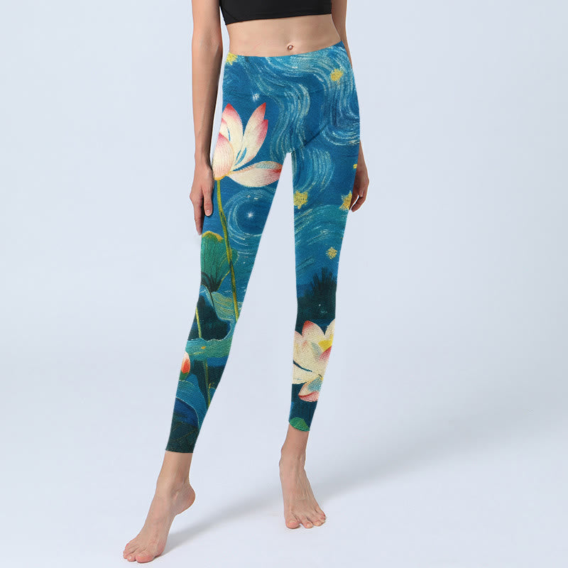 Buddha Stones Lotus Flowers Starry Sky Pattern Print Gym Leggings Women's Yoga Pants - image 5