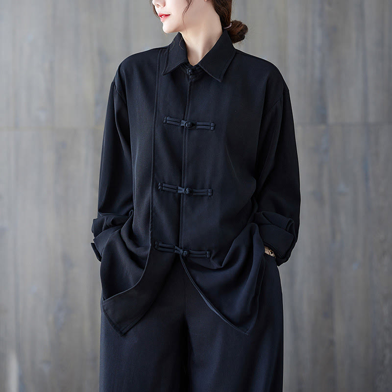 Buddha Stones Black Plain Frog-Button Lapel Women's Cotton Long Sleeve Shirt - Black - US12，UK/AU16，EU44 (XL) - image 0