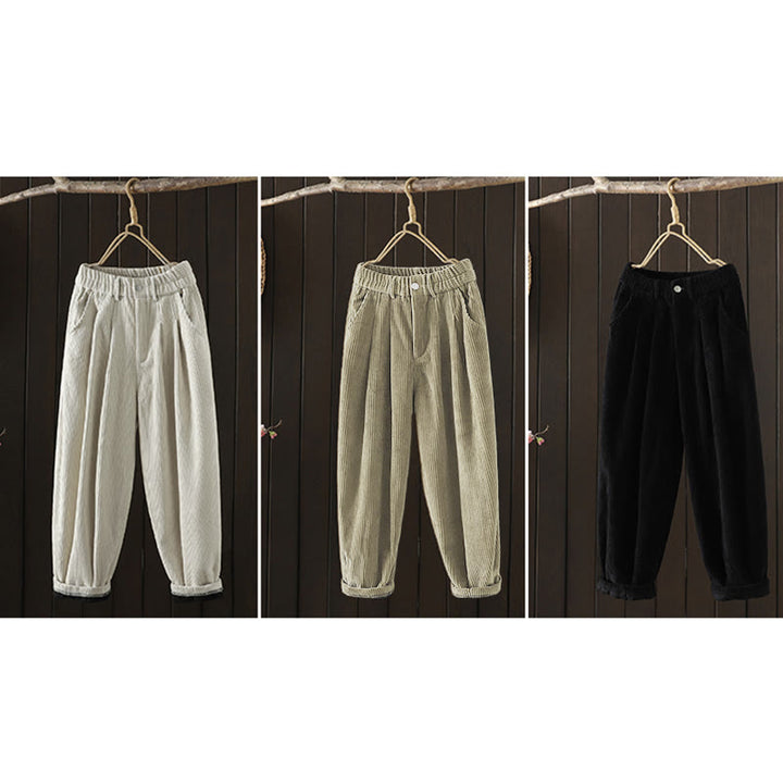 Buddha Stones Women's Winter Plain Corduroy Cotton High Waist Fleece-Lined Harem Pants With Pockets - image 24