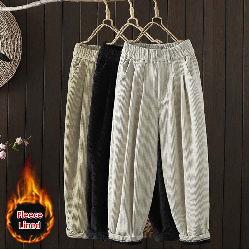 Buddha Stones Women's Winter Plain Corduroy Cotton High Waist Fleece-Lined Harem Pants With Pockets - image 23
