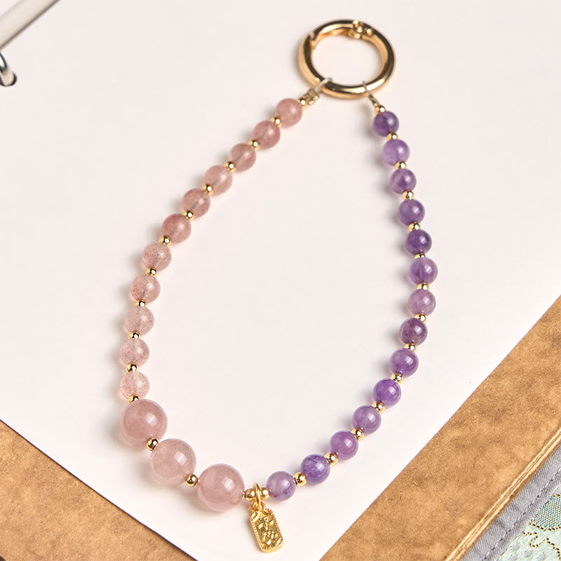 Buddha Stones Strawberry Quartz Amethyst Happiness Healing Key Chain Phone Hanging Decoration - image 1