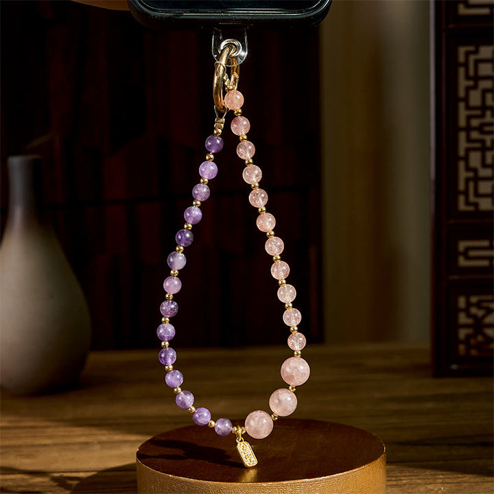 Buddha Stones Strawberry Quartz Amethyst Happiness Healing Key Chain Phone Hanging Decoration - image 4