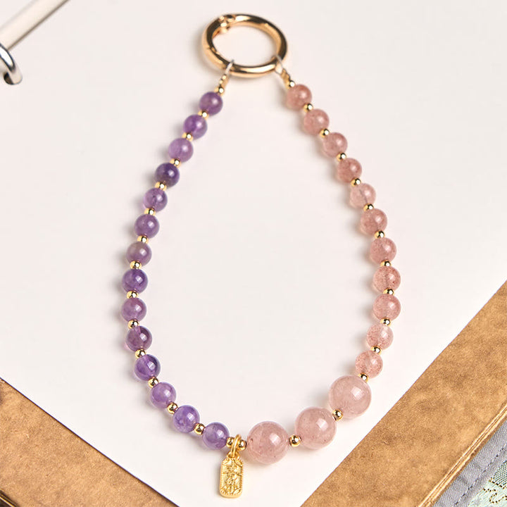 Buddha Stones Strawberry Quartz Amethyst Happiness Healing Key Chain Phone Hanging Decoration - Strawberry Quartz(Healing ♥ Positive) - image 0
