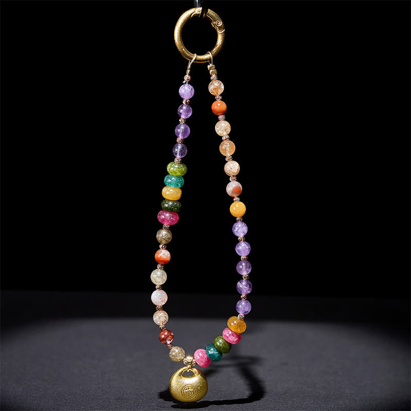 Buddha Stones Colorful Fu Character Amethyst Super Seven Crystal Key Chain Phone Hanging Decoration - image 3