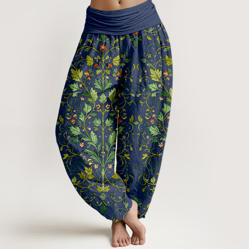 Buddha Stones Pure Cotton Classical Symmetrical Plant Leaf Pattern Women's Elastic Waist Harem Pants - Navy - US16，UK/AU20，EU48 (3XL) - image 0