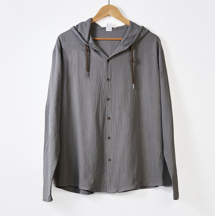 Buddha Stones Solid Color Long Sleeve Hooded Drawstring Buttons Linen Men's Shirt - image 11
