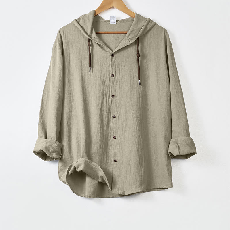 Buddha Stones Solid Color Long Sleeve Hooded Drawstring Buttons Linen Men's Shirt - Beige - US/UK/AU44，EU54 (3XL) - image 15