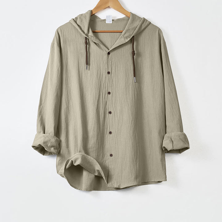 Buddha Stones Solid Color Long Sleeve Hooded Drawstring Buttons Linen Men's Shirt - Beige - US/UK/AU44，EU54 (3XL) - image 15