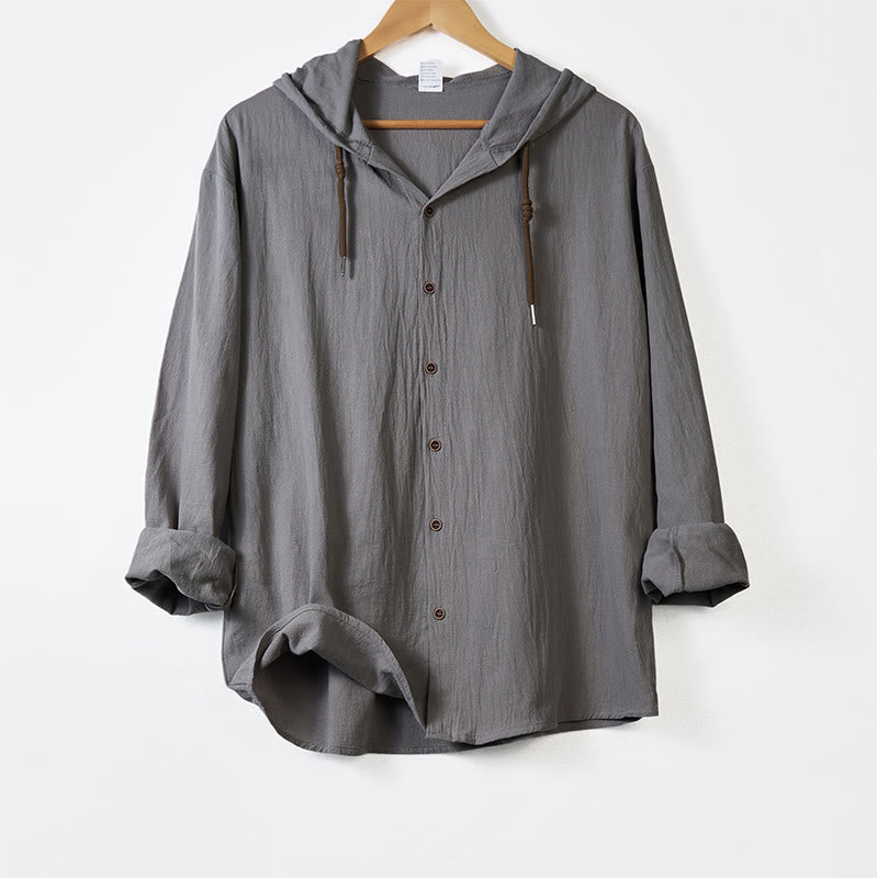Buddha Stones Solid Color Long Sleeve Hooded Drawstring Buttons Cotton Men's Shirt - DarkGray - US/UK/AU44，EU54 (3XL) - image 10