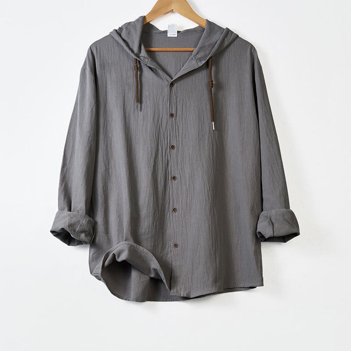 Buddha Stones Solid Color Long Sleeve Hooded Drawstring Buttons Cotton Men's Shirt - DarkGray - US/UK/AU44，EU54 (3XL) - image 10