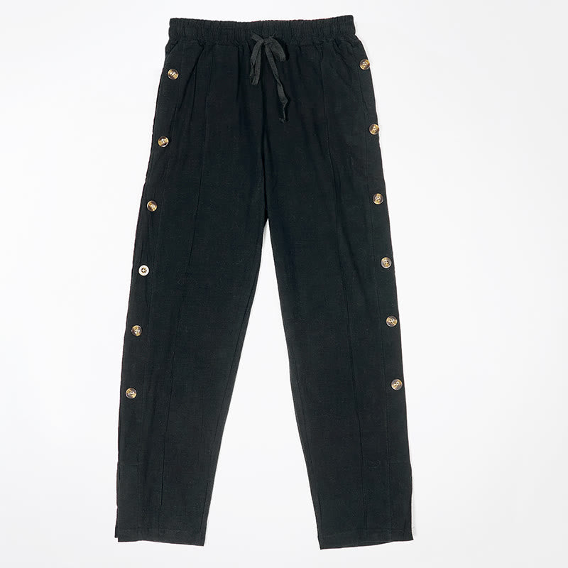Buddha Stones Solid Color Side Buttons Men's Cotton Pants With Pockets - Black - US/UK/AU46，EU56 (3XL) - image 4