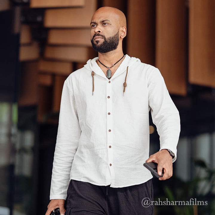 Buddha Stones Solid Color Long Sleeve Hooded Drawstring Buttons Linen Men's Shirt - image 4