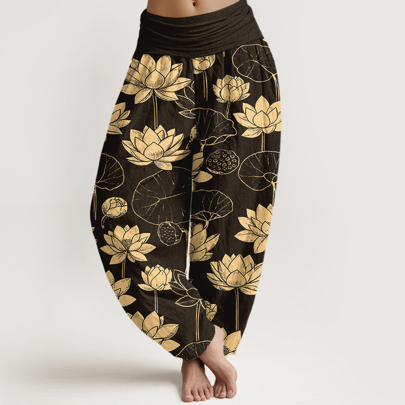Buddha Stones Cotton Lotus Flowers Leaves Pods Pattern Women's Elastic Waist Harem Pants - Black - US16，UK/AU20，EU48 (3XL) - image 0