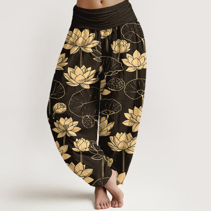 Buddha Stones Cotton Lotus Flowers Leaves Pods Pattern Women's Elastic Waist Harem Pants - Black - US16，UK/AU20，EU48 (3XL) - image 0
