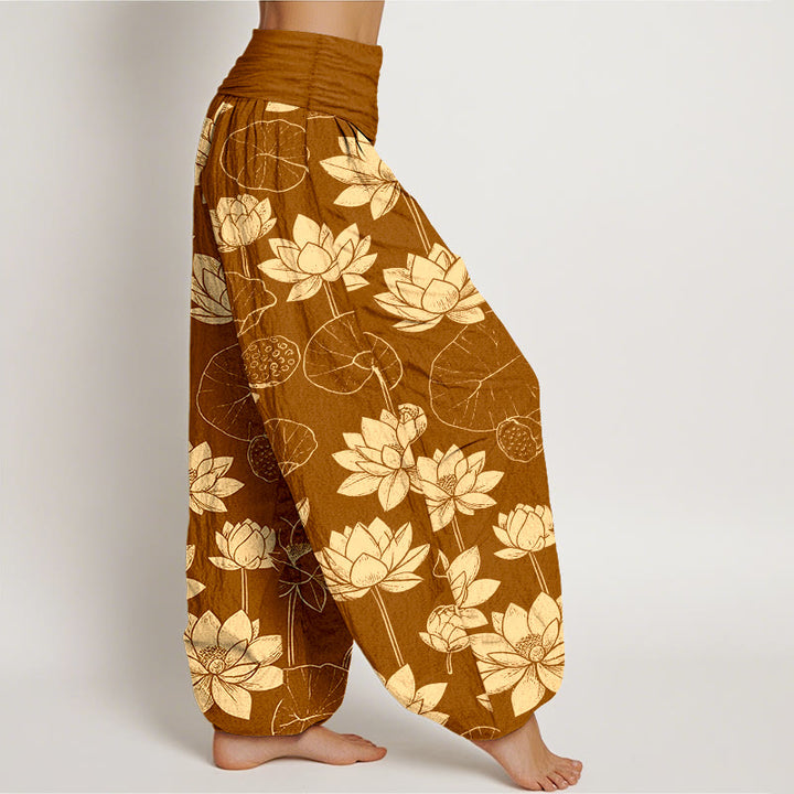 Buddha Stones Cotton Lotus Flowers Leaves Pods Pattern Women's Elastic Waist Harem Pants - image 7