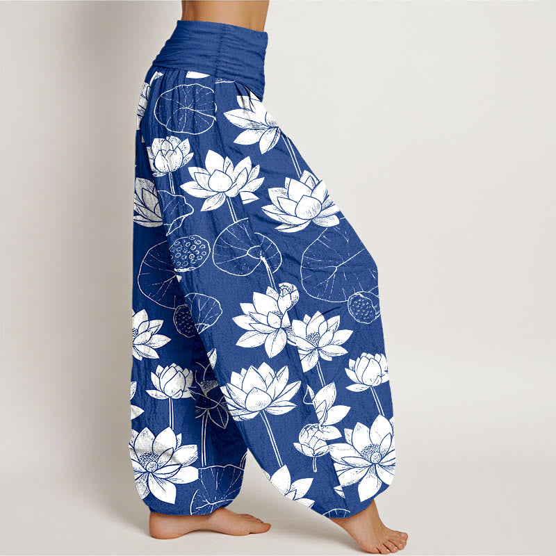Buddha Stones Cotton Lotus Flowers Leaves Pods Pattern Women's Elastic Waist Harem Pants - image 10