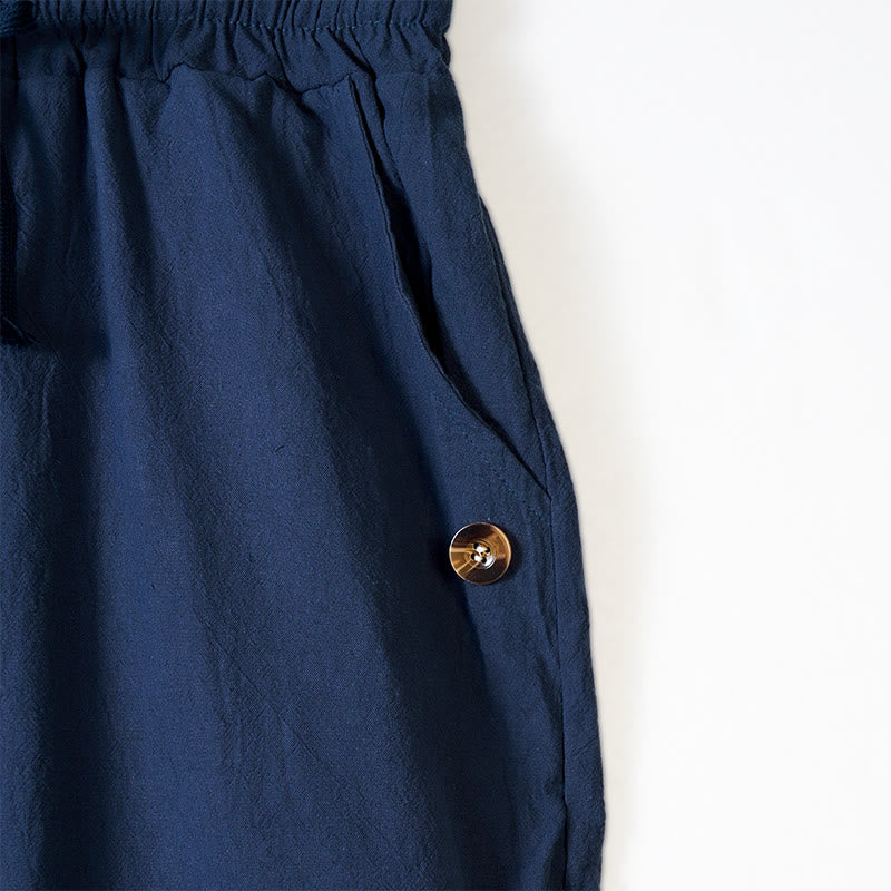 Buddha Stones Solid Color Buttons Drawstring Men's Cotton Pants With Pockets - image 3