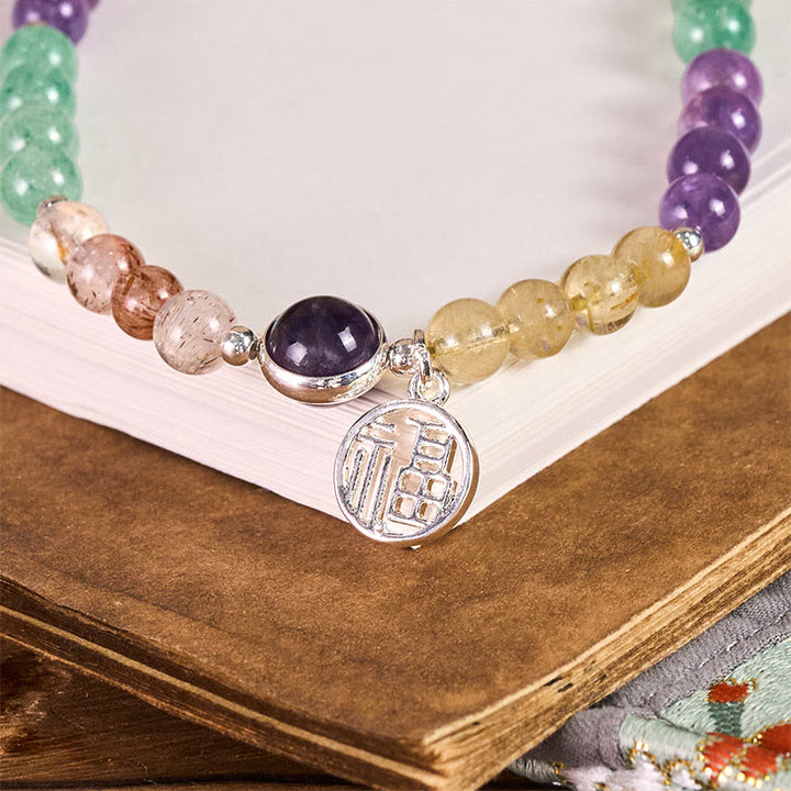 Buddha Stones Fu Character Charm Super Seven Crystal Growth Key Chain Phone Hanging Decoration - image 1