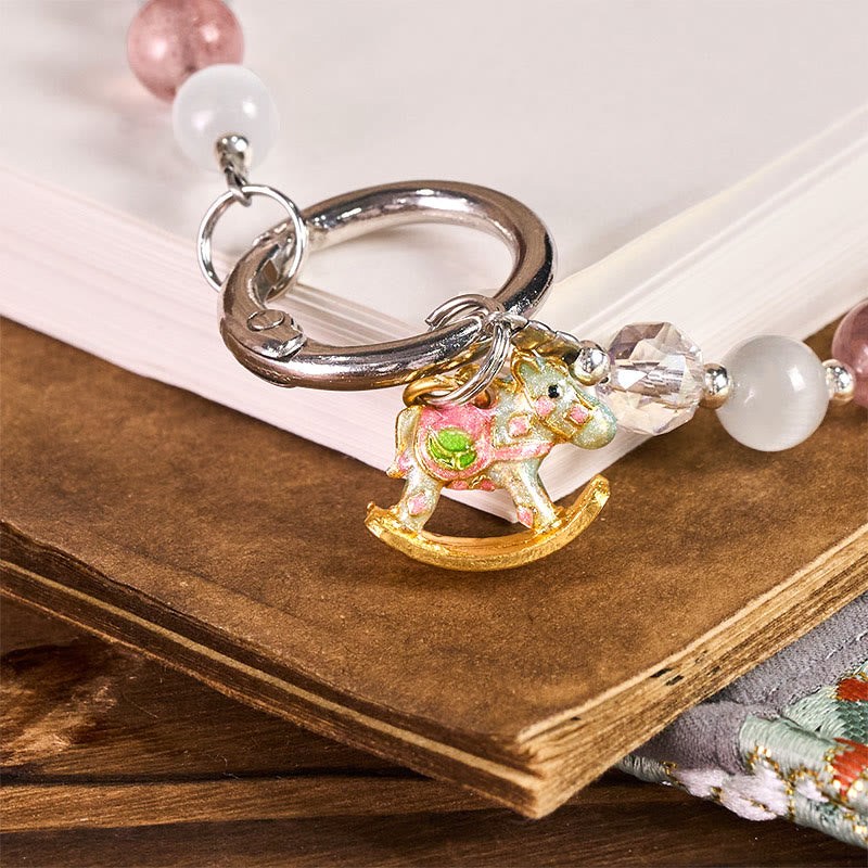 Buddha Stones Year of the Horse Strawberry Quartz White Cat's Eye Key Chain Phone Hanging Decoration - image 1