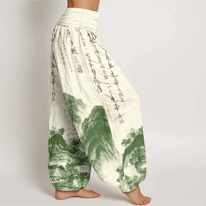 Buddha Stones Pure Cotton Chinese Calligraphy Landscape Painting Women's Elastic Waist Harem Pants - image 2